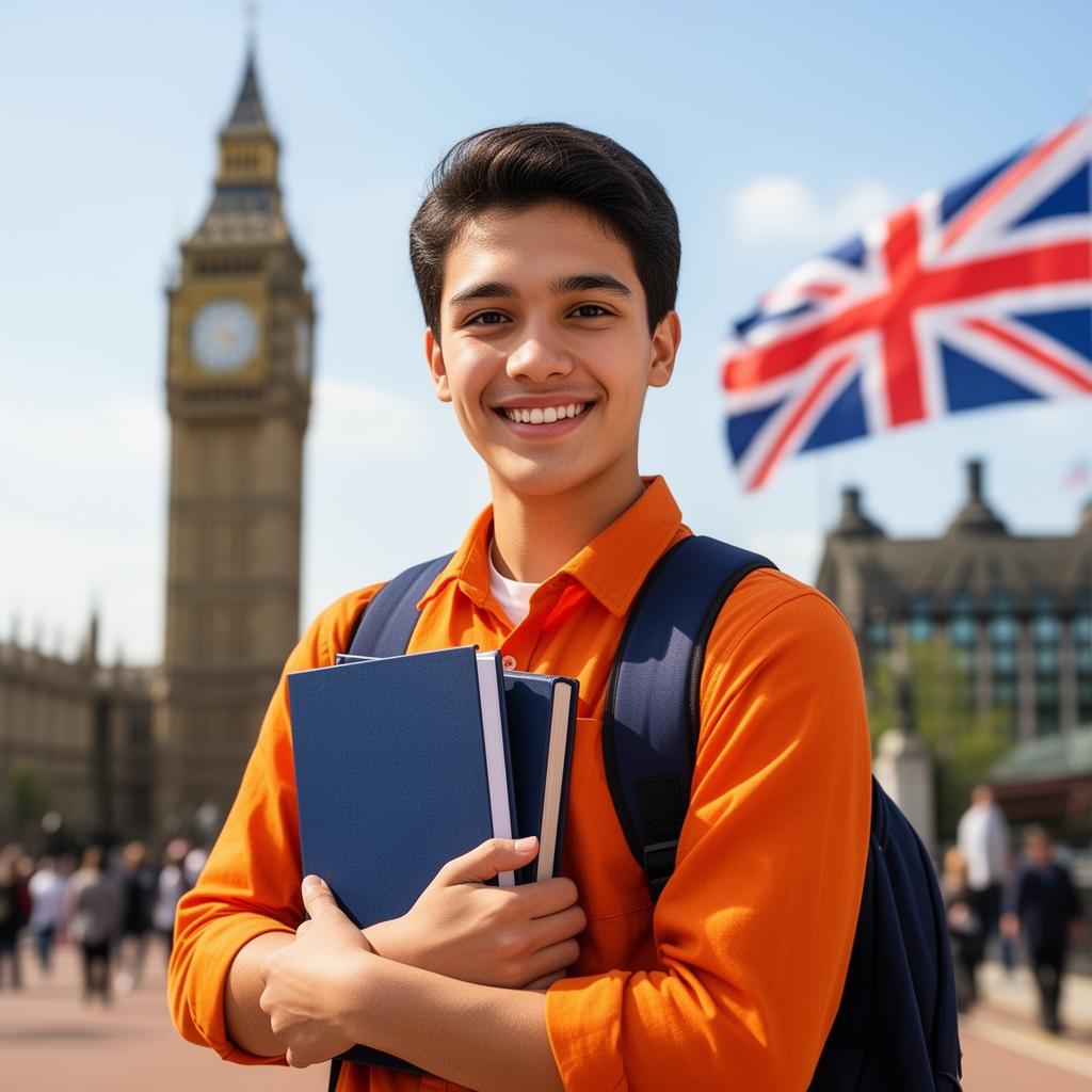 UK university student smiling in London with books